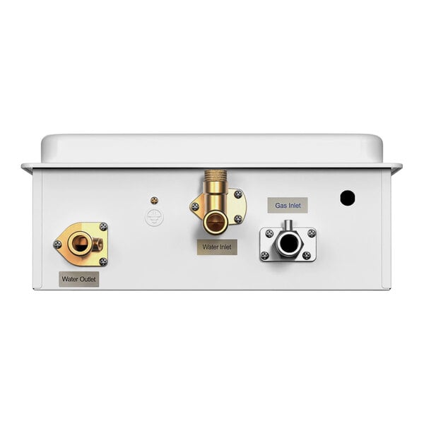 A white rectangular Eccotemp Liquid Propane indoor tankless water heater with gold and silver buttons.