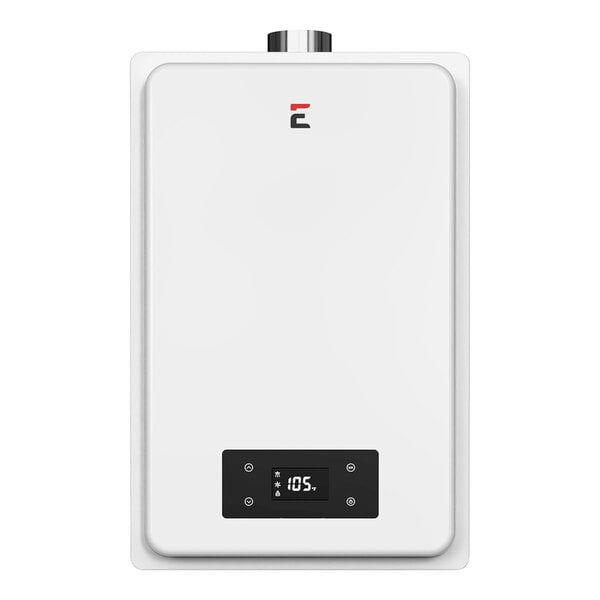A white rectangular Eccotemp natural gas tankless water heater with a black and white digital display showing numbers and symbols.