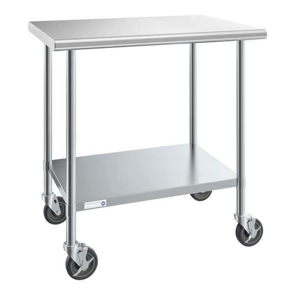 A Steelton stainless steel work table with casters.