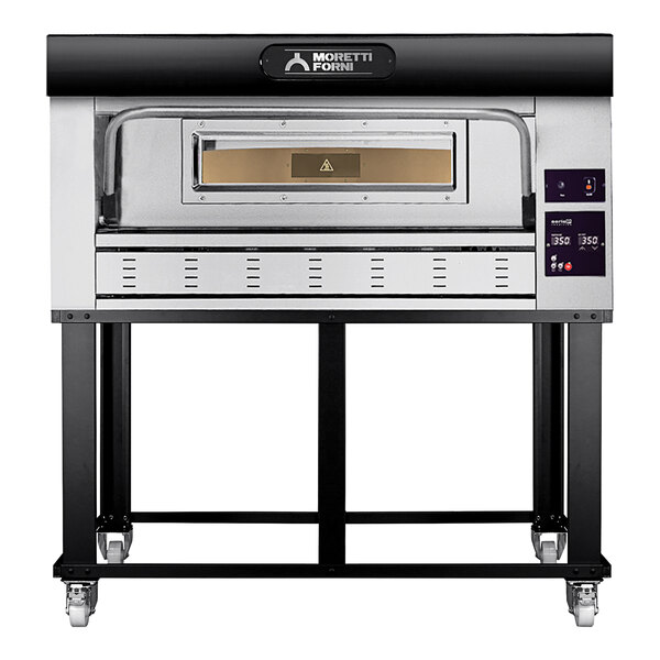 A black and silver Moretti Forni pizza oven with wheels.