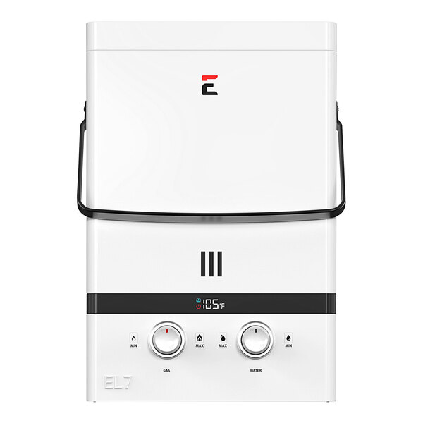 A white Eccotemp liquid propane tankless water heater with knobs and buttons.