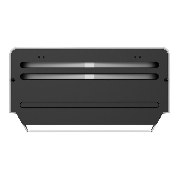 A black and silver rectangular Eccotemp EL7 Liquid Propane portable outdoor tankless water heater with white stripes.