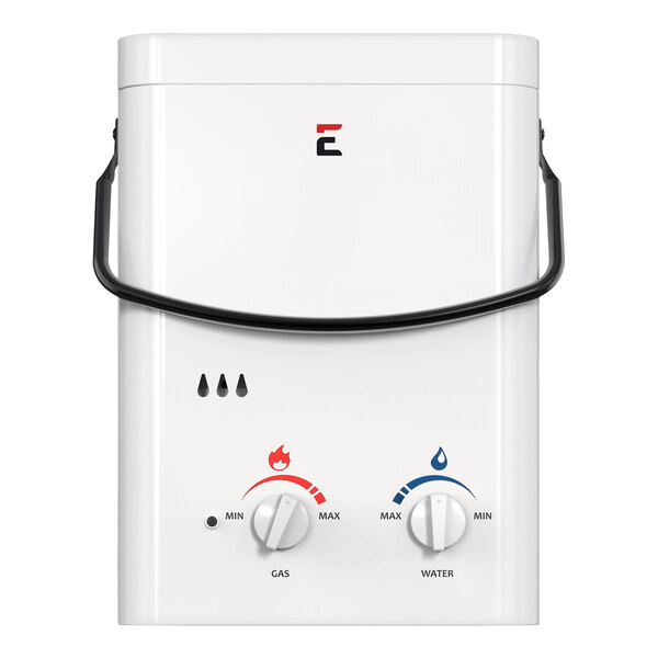A white rectangular Eccotemp L5 propane water heater with knobs and dials.