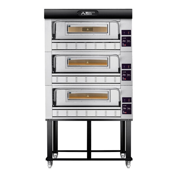 A Moretti Forni liquid propane triple deck oven with a stand.