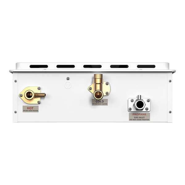 A white rectangular Eccotemp natural gas tankless water heater with brass valves.
