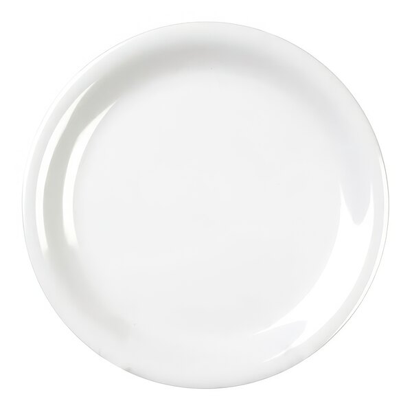 A close-up of a Thunder Group white melamine plate with a narrow white rim.