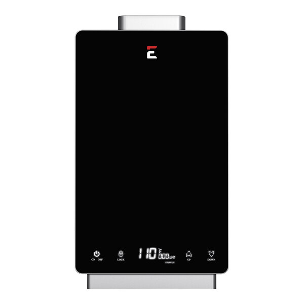 A black rectangular Eccotemp i12-NG natural gas water heater with a white border.