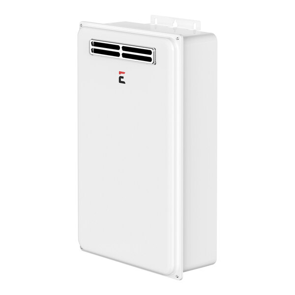 A white rectangular Eccotemp tankless water heater with red and black text.