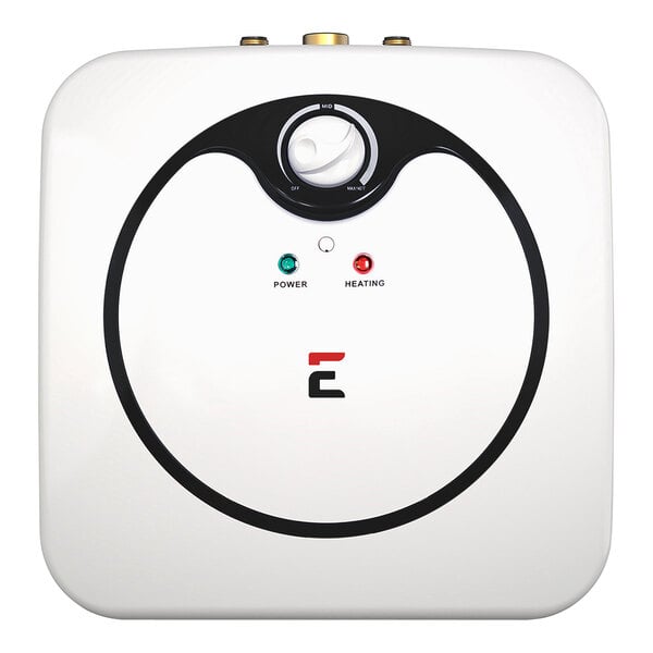 A compact, square-shaped Eccotemp EM-2.5 electric indoor mini-tank water heater with a control knob and indicator lights on the front.