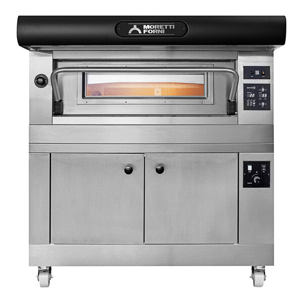 A Moretti Forni stainless steel pizza oven with a black top.
