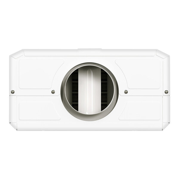 A white rectangular vent for an Eccotemp L10 liquid propane water heater with a round hole.