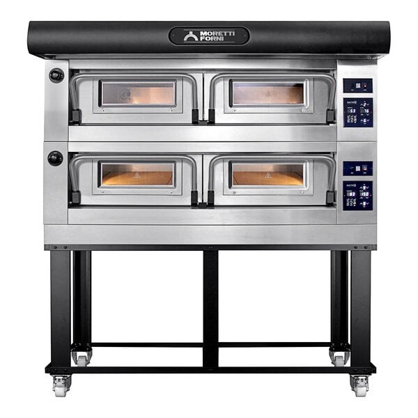 A Moretti Forni electric double deck pizza oven with tray holder slides.