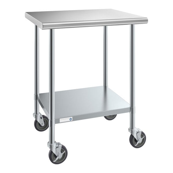 A Steelton stainless steel work table with undershelf and casters.