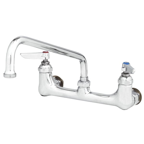 A T&S chrome wall mounted pantry faucet with two handles and a swing nozzle.