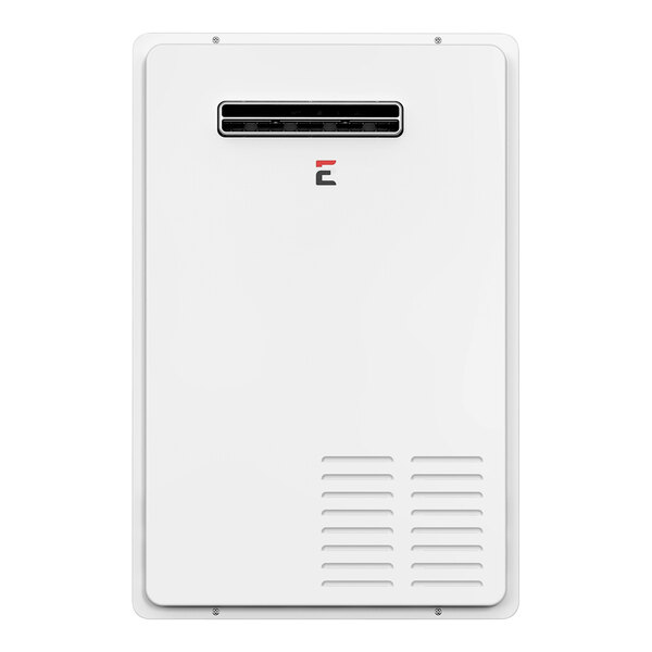 A white rectangular Eccotemp Liquid Propane outdoor tankless water heater with a vent.