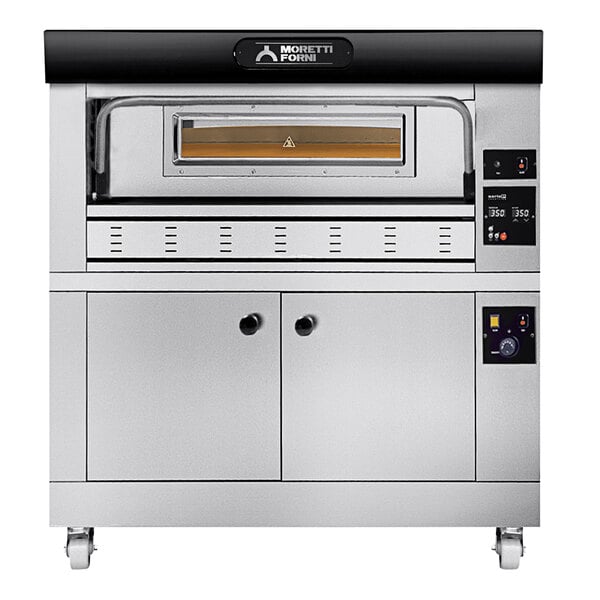 A large stainless steel Moretti Forni pizza oven with a door and a proofer.