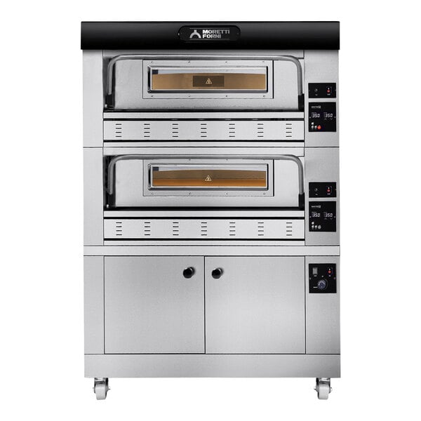 A large silver Moretti Forni double deck oven with black handles.