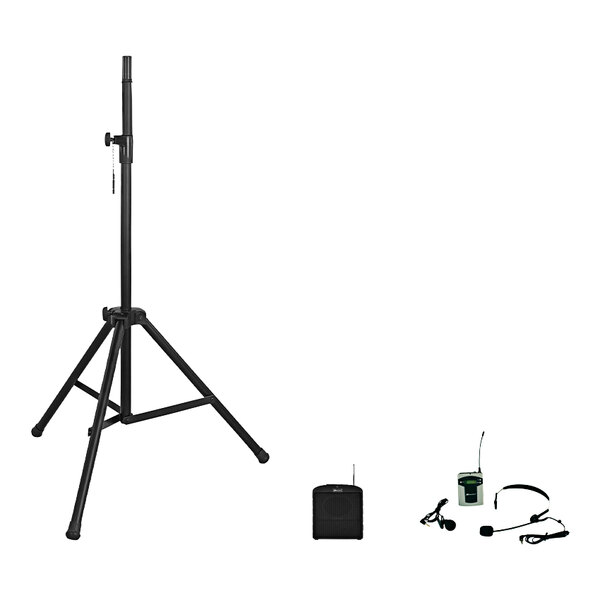A black AmpliVox speaker on a stand with a microphone and headset.