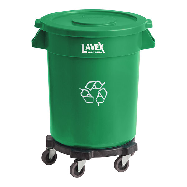 A green Lavex commercial recycling can with a green lid and dolly.