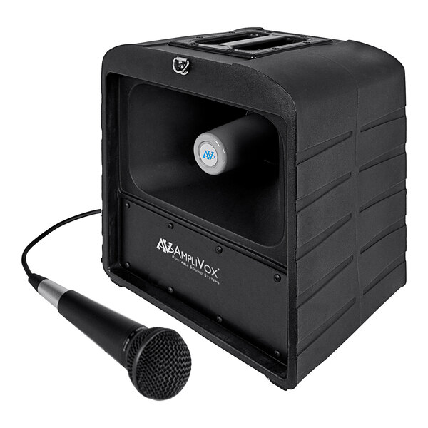 A black case with a white cylinder and blue logo containing a black AmpliVox speaker and microphone.