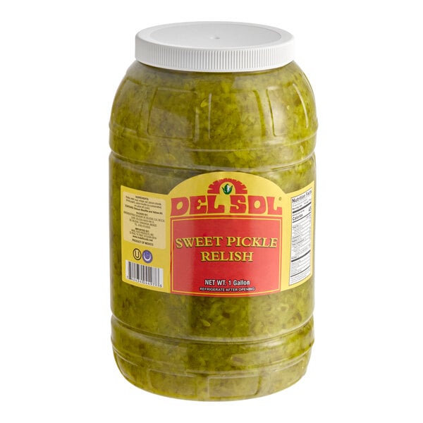 A 1-gallon plastic jar of Del Sol sweet pickle relish with a white screw-on lid.