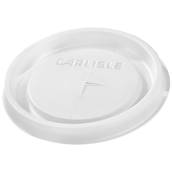 A translucent plastic lid for a Carlisle Louis tumbler with a white circle in the middle.