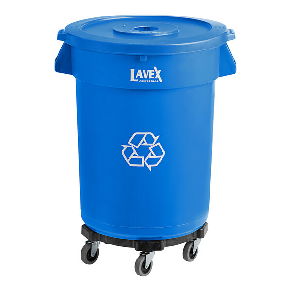 A blue Lavex commercial recycling can with a bottle lid and dolly.