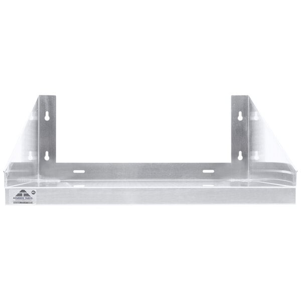 A stainless steel wall mount shelf with two holes.