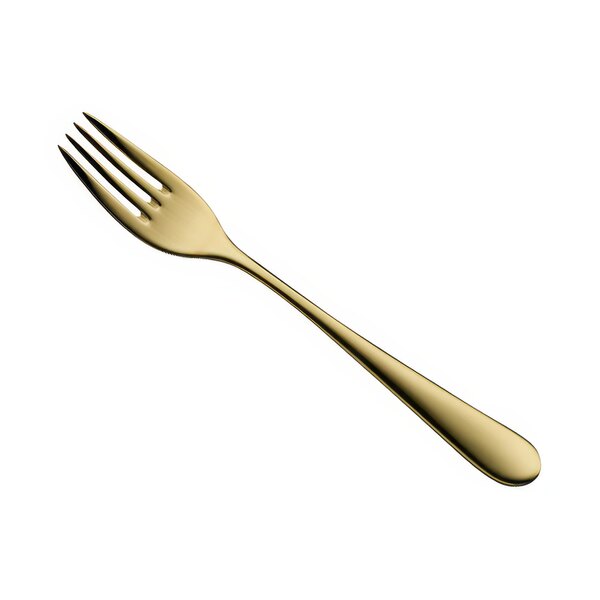 A close-up of a WMF Signum stainless steel dessert fork with a gold handle.