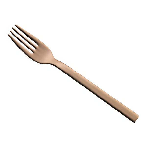 A close-up of a WMF Unic Copper stainless steel cake fork with a wooden handle.