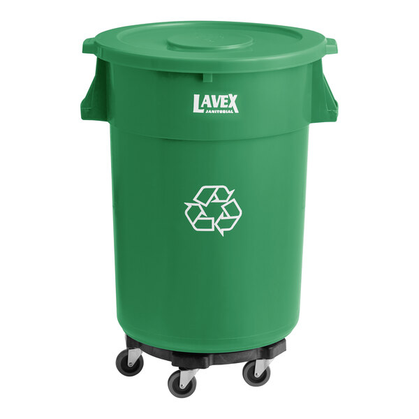 A green Lavex recycling can with wheels and a lid.