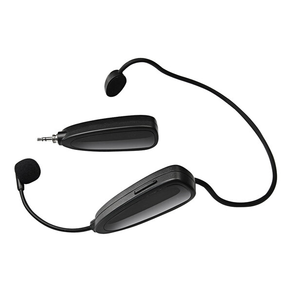 A pair of black AmpliVox wireless headsets with microphone attachments.