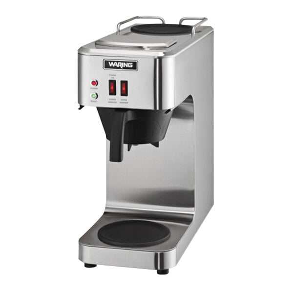 A silver and black Waring pour-over coffee brewer on a counter.