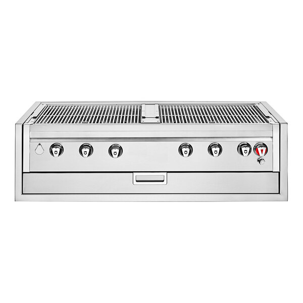 A stainless steel Crown Verity built-in liquid propane grill with four knobs.