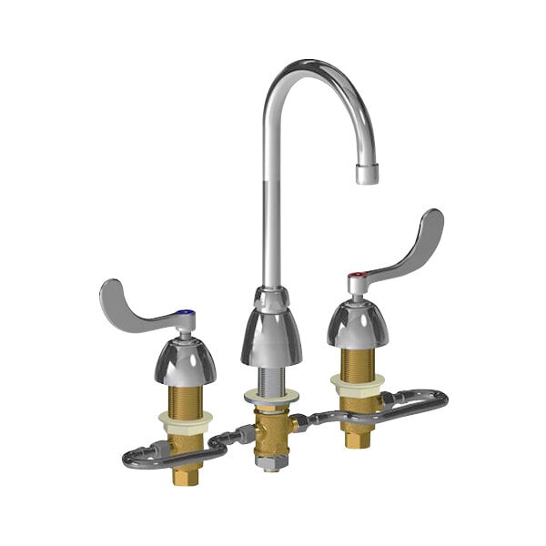 A Chicago Faucets deck-mounted faucet with a rigid/swing gooseneck spout and two handles.
