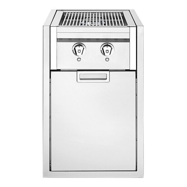 A stainless steel rectangular built-in Crown Verity natural gas grill with two knobs on the front.