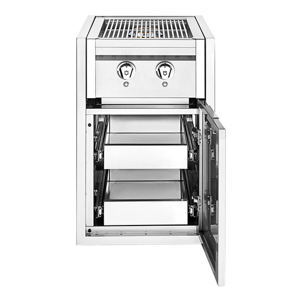 A stainless steel Crown Verity built-in barbecue cabinet with dual side burners and two drawers open.