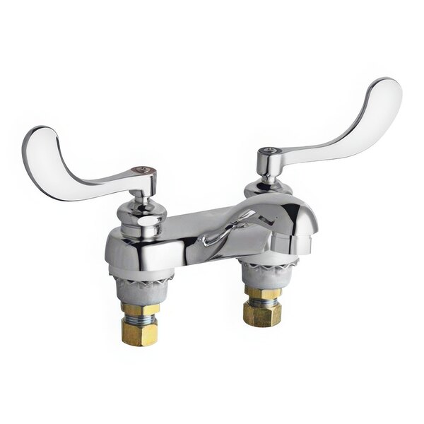 A Chicago Faucets deck-mounted faucet with two handles and a chrome finish.