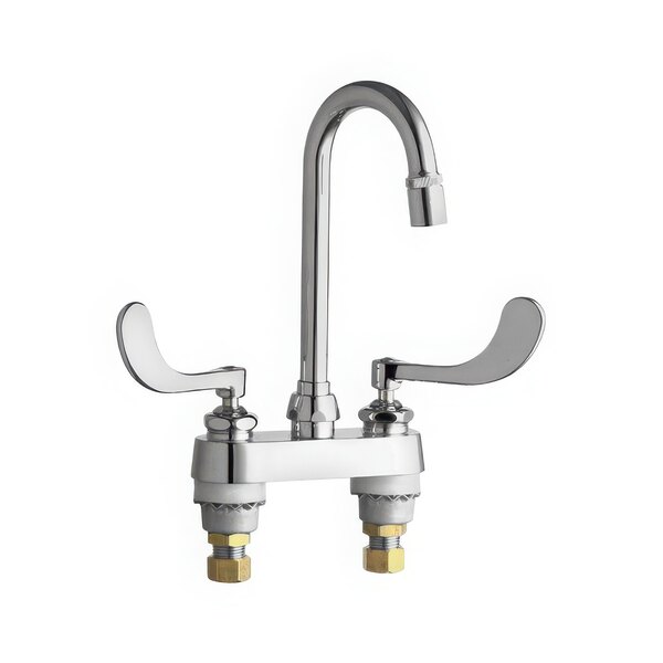 A chrome Chicago Faucets deck-mounted faucet with two handles.
