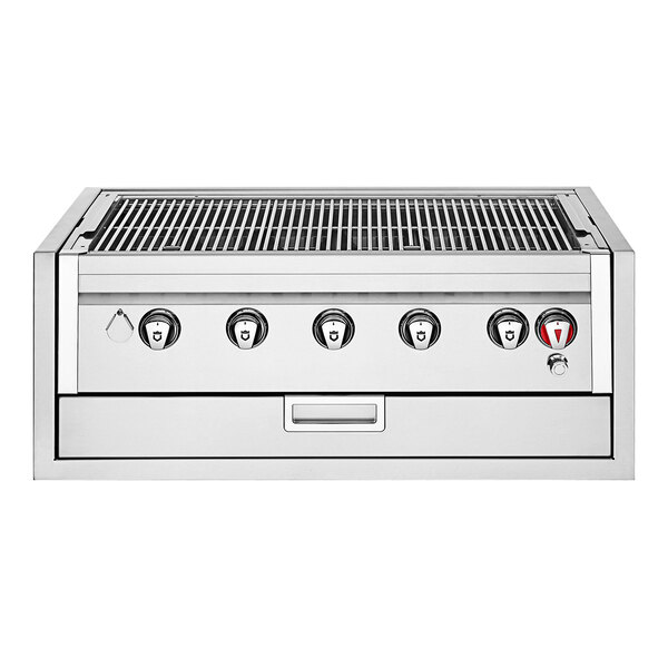 A stainless steel Crown Verity built-in grill with four burners.