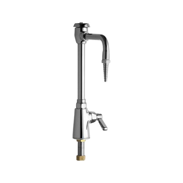 A silver Chicago Faucets deck-mounted laboratory faucet with a metal handle and rigid gooseneck spout.