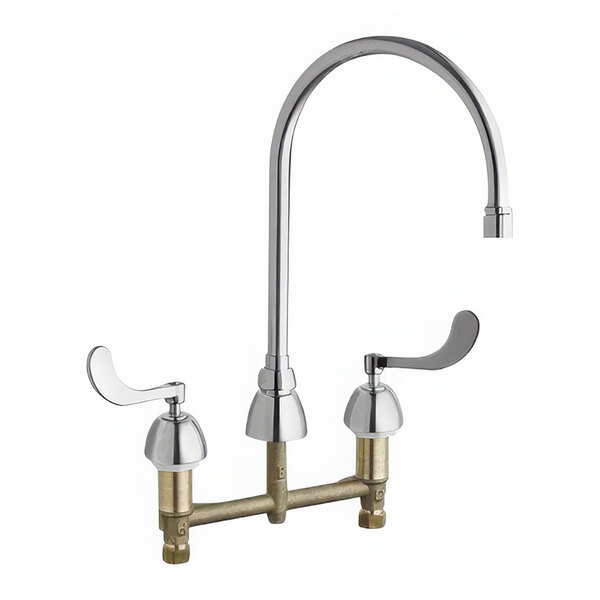 A chrome Chicago Faucets deck-mounted faucet with two handles.
