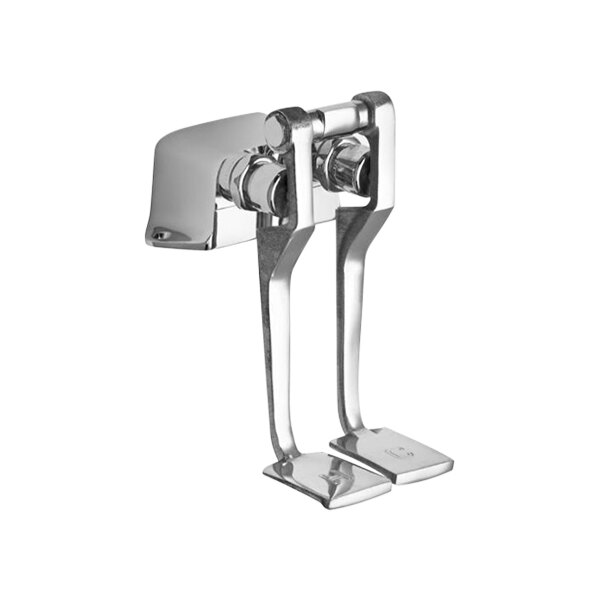 A close-up of a Chicago Faucets foot-operated valve with long pedals.