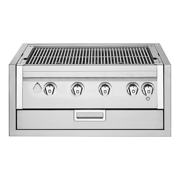 A close up of a stainless steel Crown Verity built-in grill with knobs.