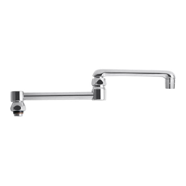 A close-up of a chrome Chicago Faucets double-jointed swing spout.
