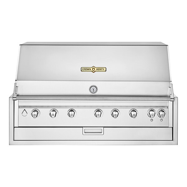 A stainless steel Crown Verity built-in grill with four burners and knobs.