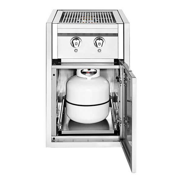 A stainless steel Crown Verity built-in grill with a propane cylinder inside.