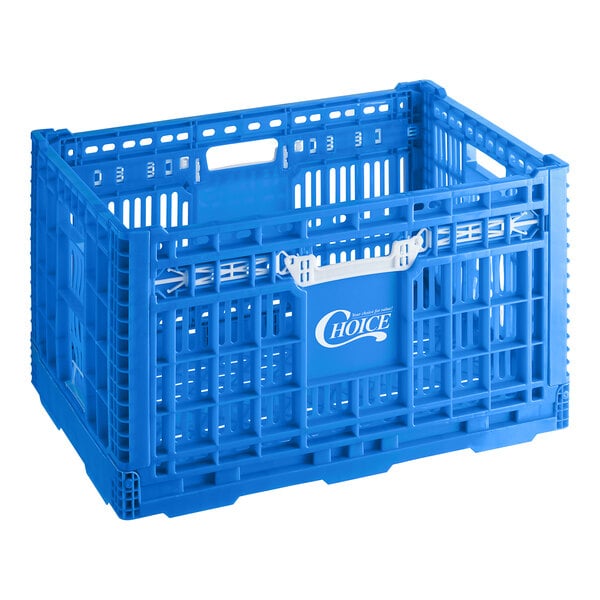 A blue plastic Choice vented collapsible crate with white text and handles.