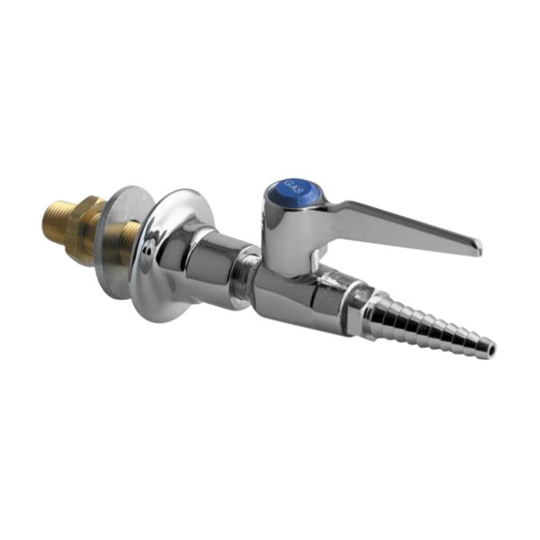 A Chicago Faucets single valve with wall flange in chrome with brass finish and a blue handle.