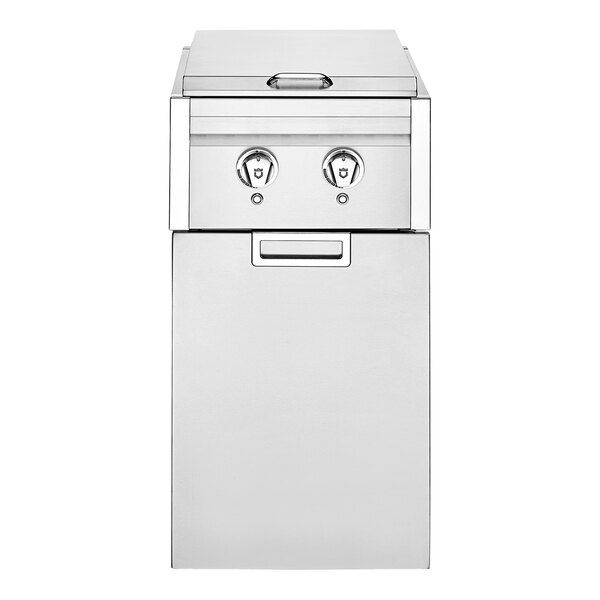 A stainless steel Crown Verity natural gas modular cabinet with dual side burners and a drawer.